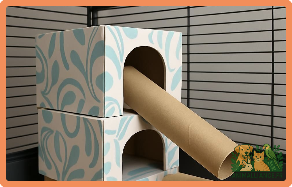 Deux boîtes en carton à motifs bleus reliées par un tube en carton dans une cage à rongeur.