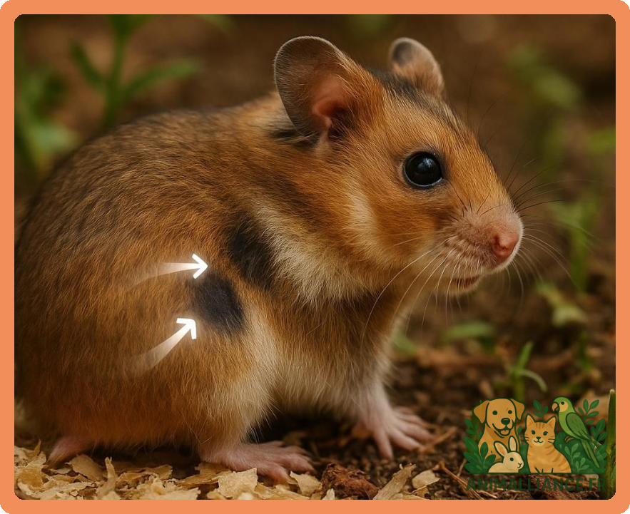 Hamster syrien en gros plan avec des flèches indiquant des taches sombres sur son flanc