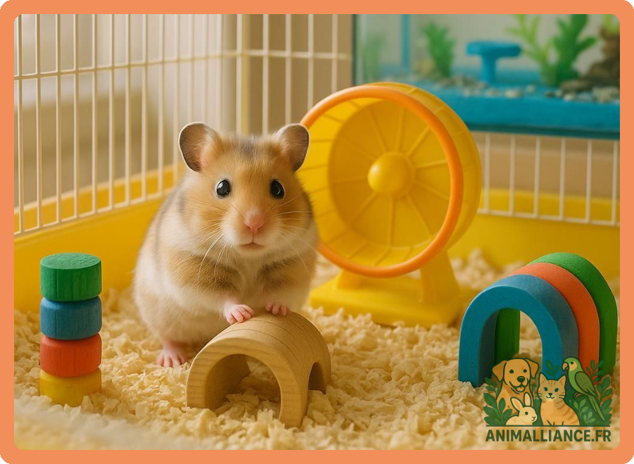Un hamster brun et blanc se tient sur une petite cachette en bois dans une cage équipée de jouets colorés et d'une roue jaune.
