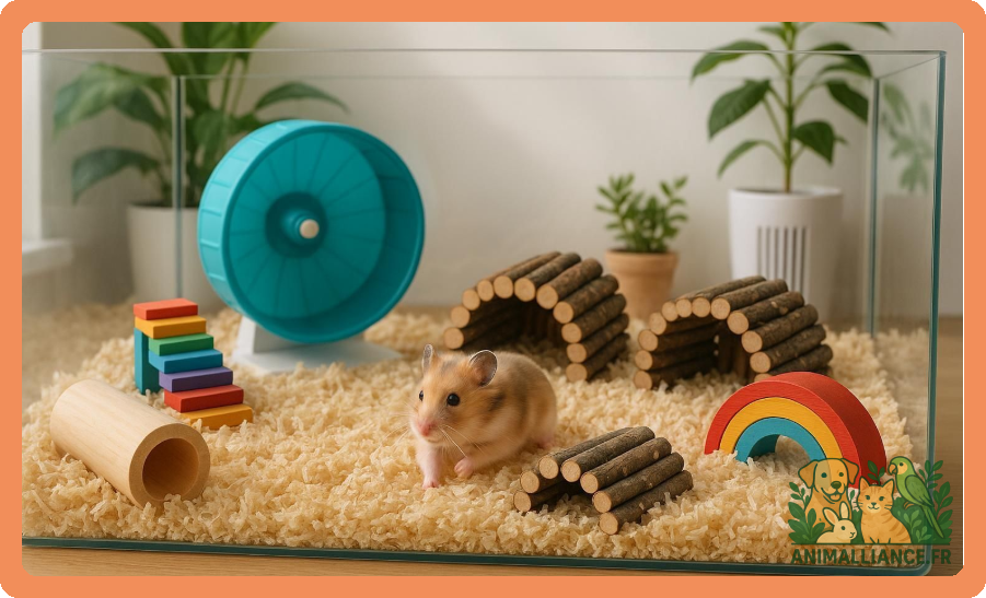 Hamster dans un terrarium avec roue, tunnels, jouets, litière et accessoires colorés