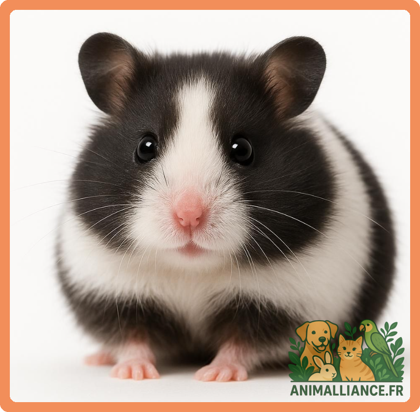 Hamster noir et blanc vu de face sur fond blanc