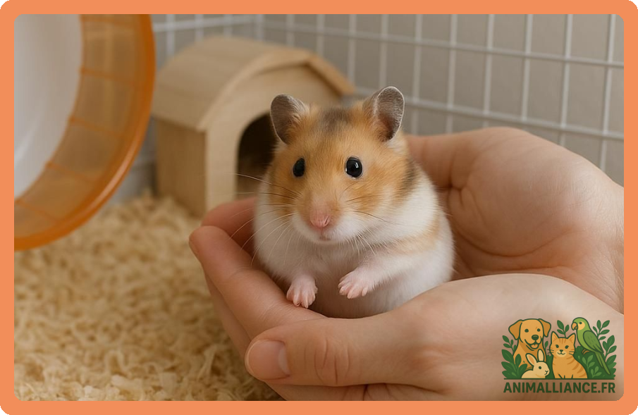 Un hamster doré tenu délicatement dans des mains humaines, à côté d'une cage