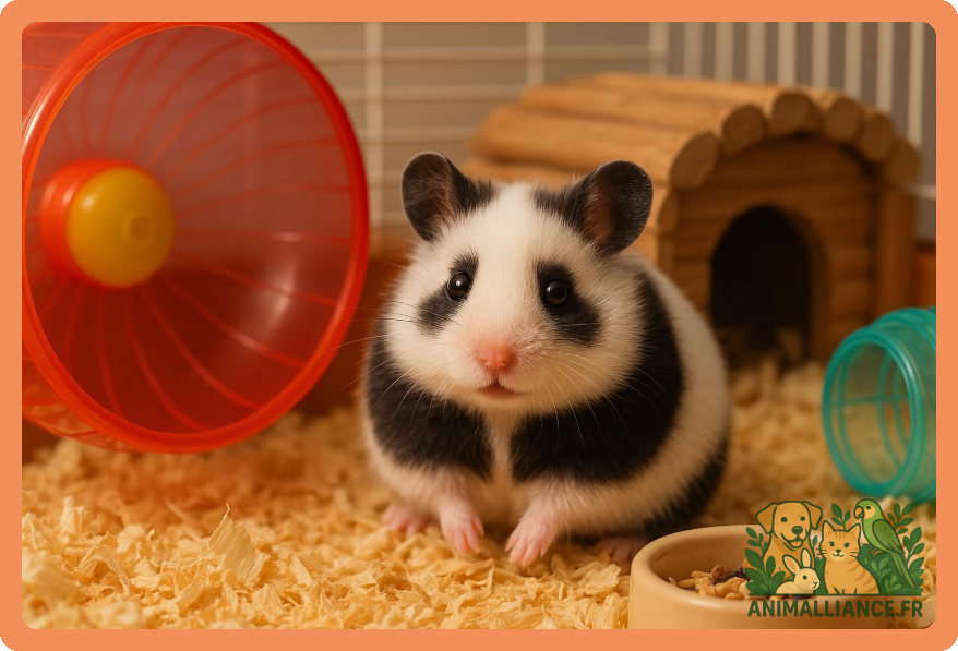 Hamster noir et blanc assis dans une cage avec une roue, une maison en bois et de la litière.