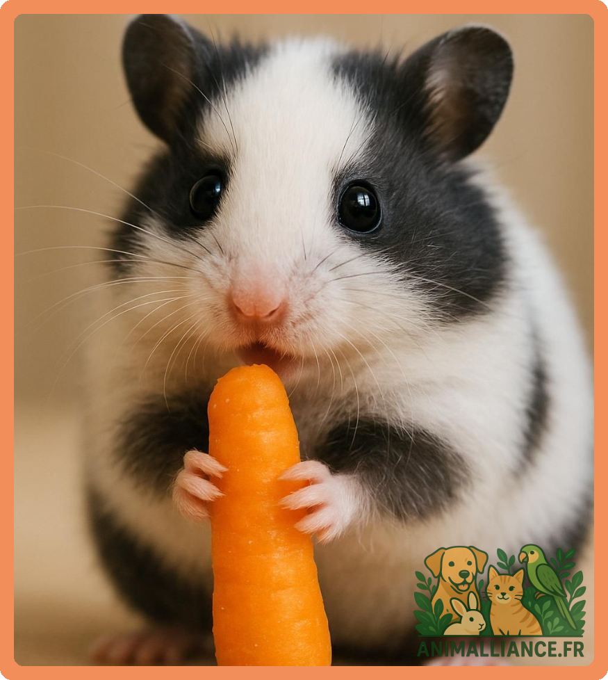 Petit hamster noir et blanc tenant une carotte avec ses pattes.