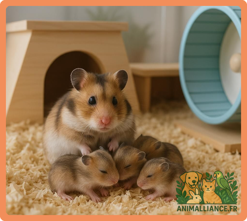 Un hamster adulte entouré de trois bébés hamsters dans une cage avec accessoires.