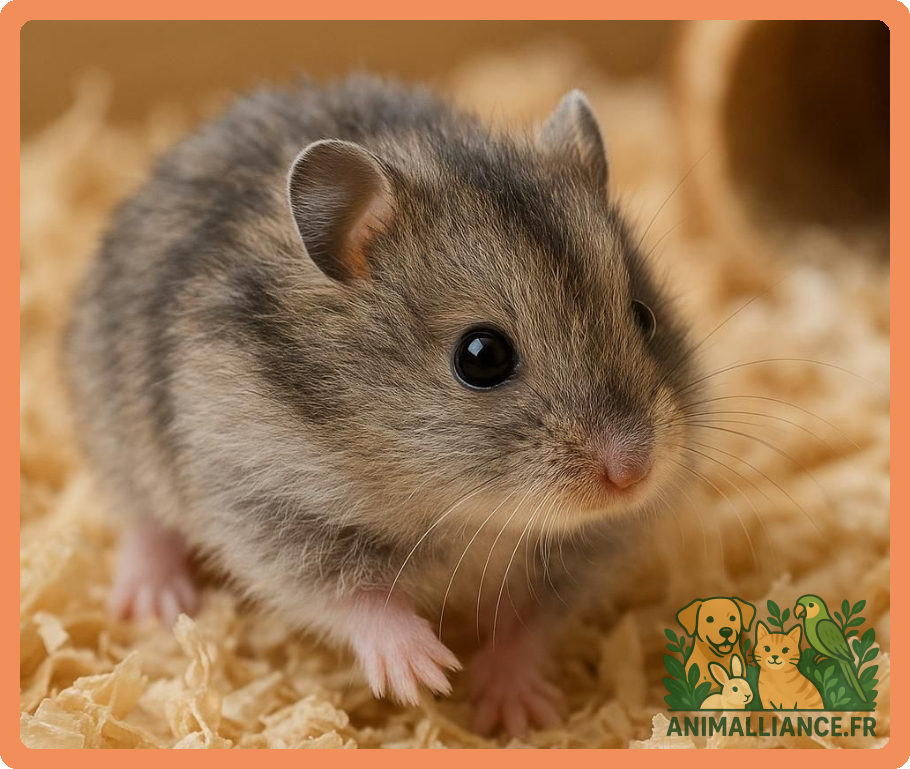 Un hamster brun et gris aux yeux noirs brillants, debout sur de la litière en copeaux de bois.
