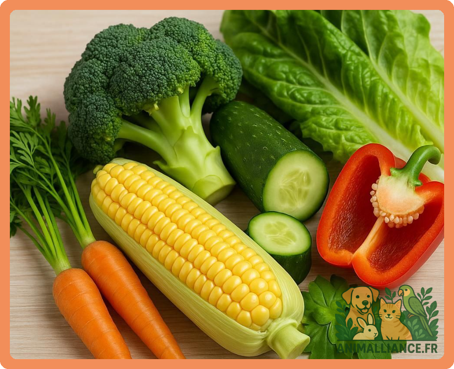 Un assortiment de légumes frais incluant du brocoli, carottes, maïs, concombre, poivron rouge et laitue, posés sur une table en bois.