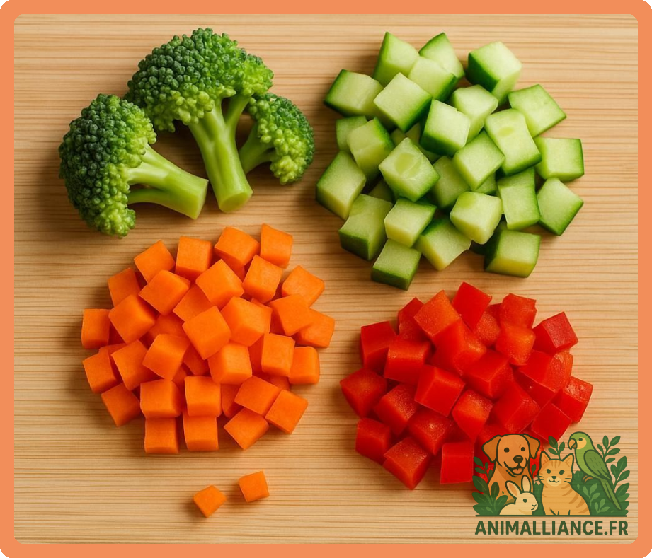 Brocolis, carottes, courgettes et poivrons rouges coupés en dés sur une planche.