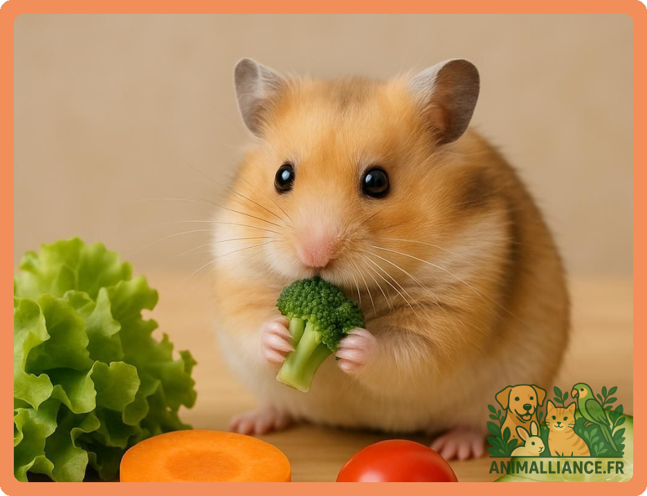 Un hamster doré tient un morceau de brocoli avec ses pattes, entouré de feuilles de salade, de carotte et de tomate.
