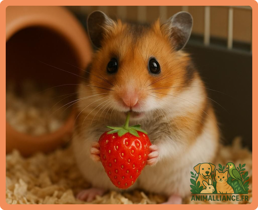 Un hamster brun et blanc tient une fraise rouge entre ses pattes dans une cage.