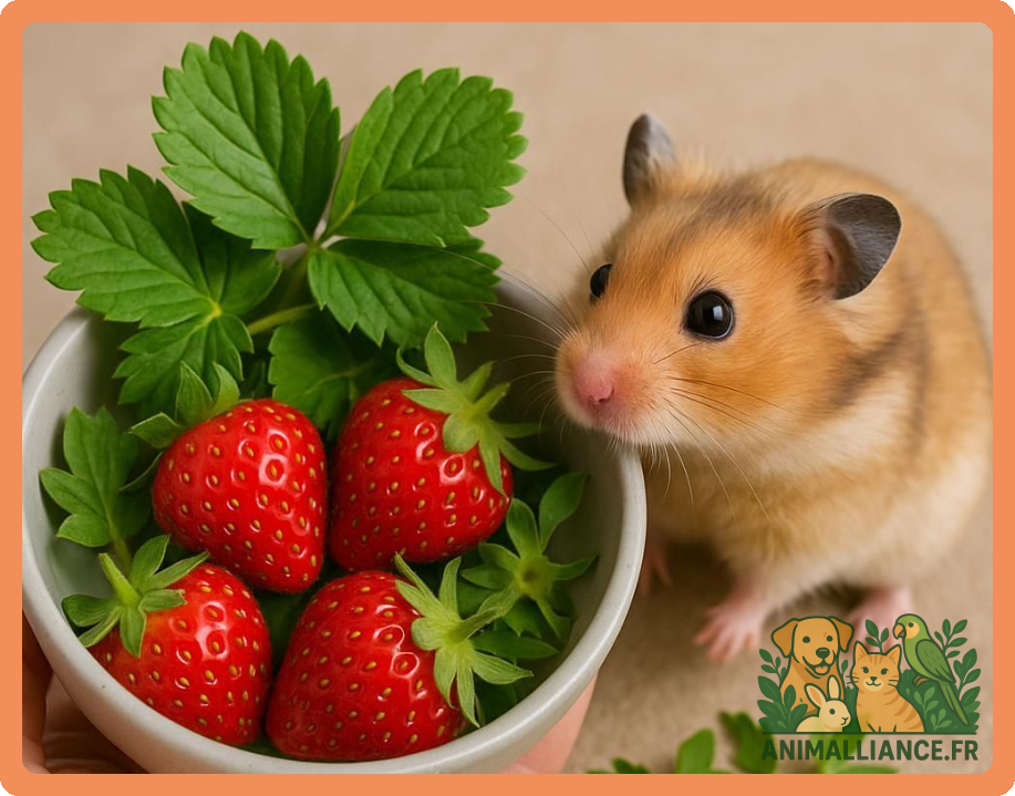 Un hamster beige et blanc à côté d'un bol contenant des fraises mûres entourées de feuilles vertes.
