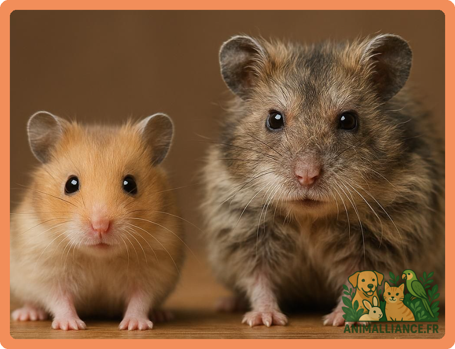 Portrait rapproché de deux hamsters, l'un à poil court beige et l'autre à poil long brun moucheté, sur un fond marron.