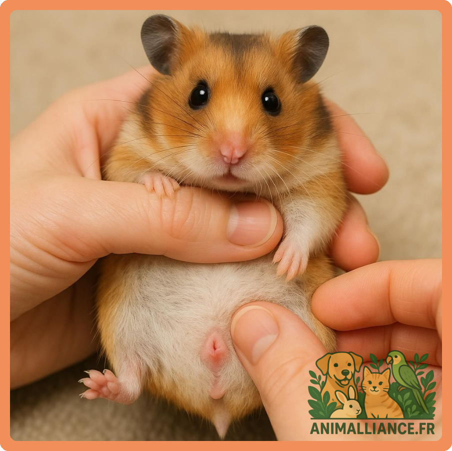 Hamster tenu par une personne avec un focus sur la zone génitale pour identification du sexe.