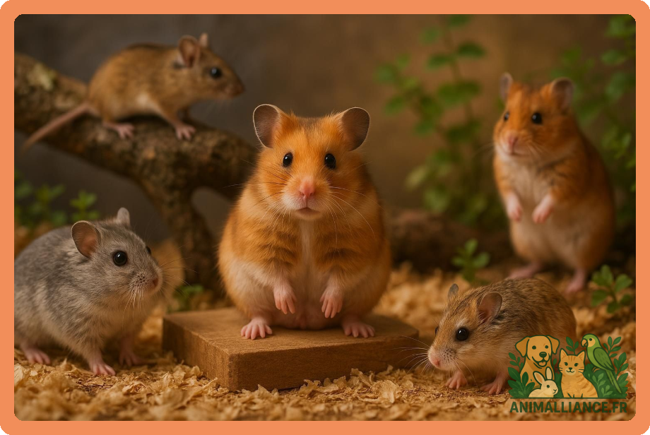 Groupe de hamsters et souris sur de la litière dans un environnement naturel