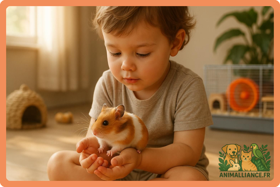 Un jeune enfant assis tient délicatement un hamster brun et blanc dans ses mains, à côté d'une cage pour rongeurs.