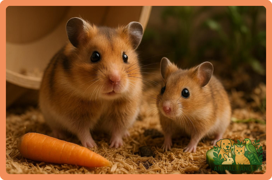 Deux hamsters bruns debout côte à côte sur de la litière, avec une carotte devant eux.