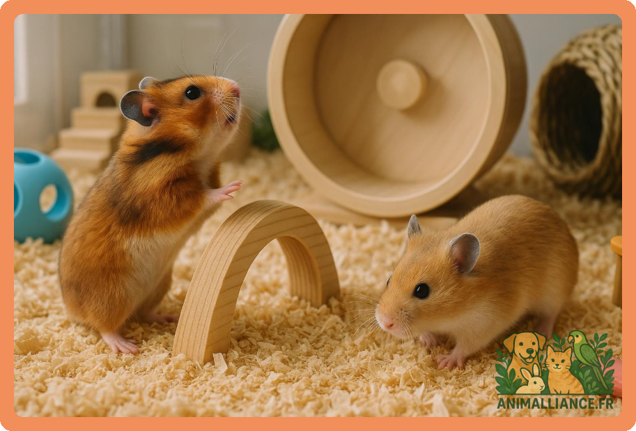 Deux hamsters dans une cage avec des jouets et de la litière en copeaux de bois.