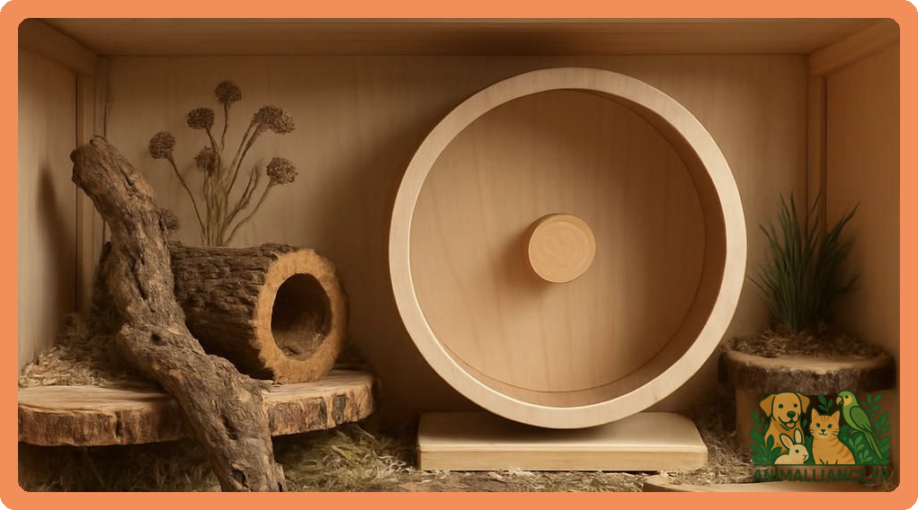 Enclos en bois pour rongeur avec roue, branche, tunnel et décor naturel