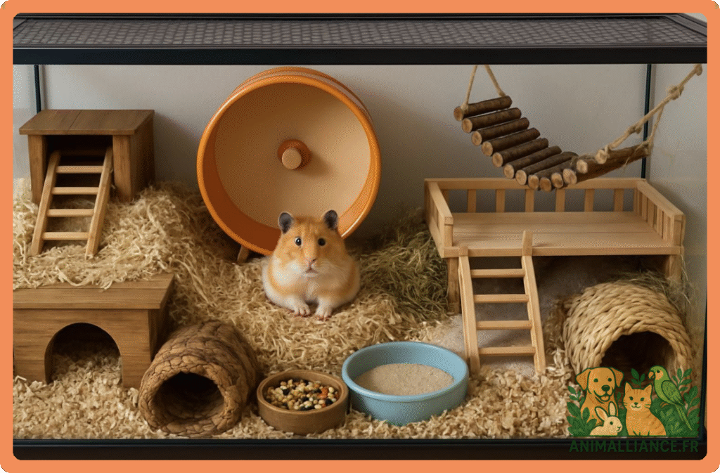 Un hamster doré assis au centre d'un grand enclos équipé de nombreux accessoires en bois et en paille.