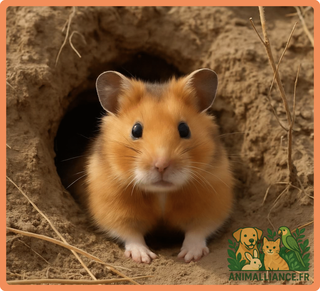 Un hamster doré sort la tête de son terrier creusé dans la terre.