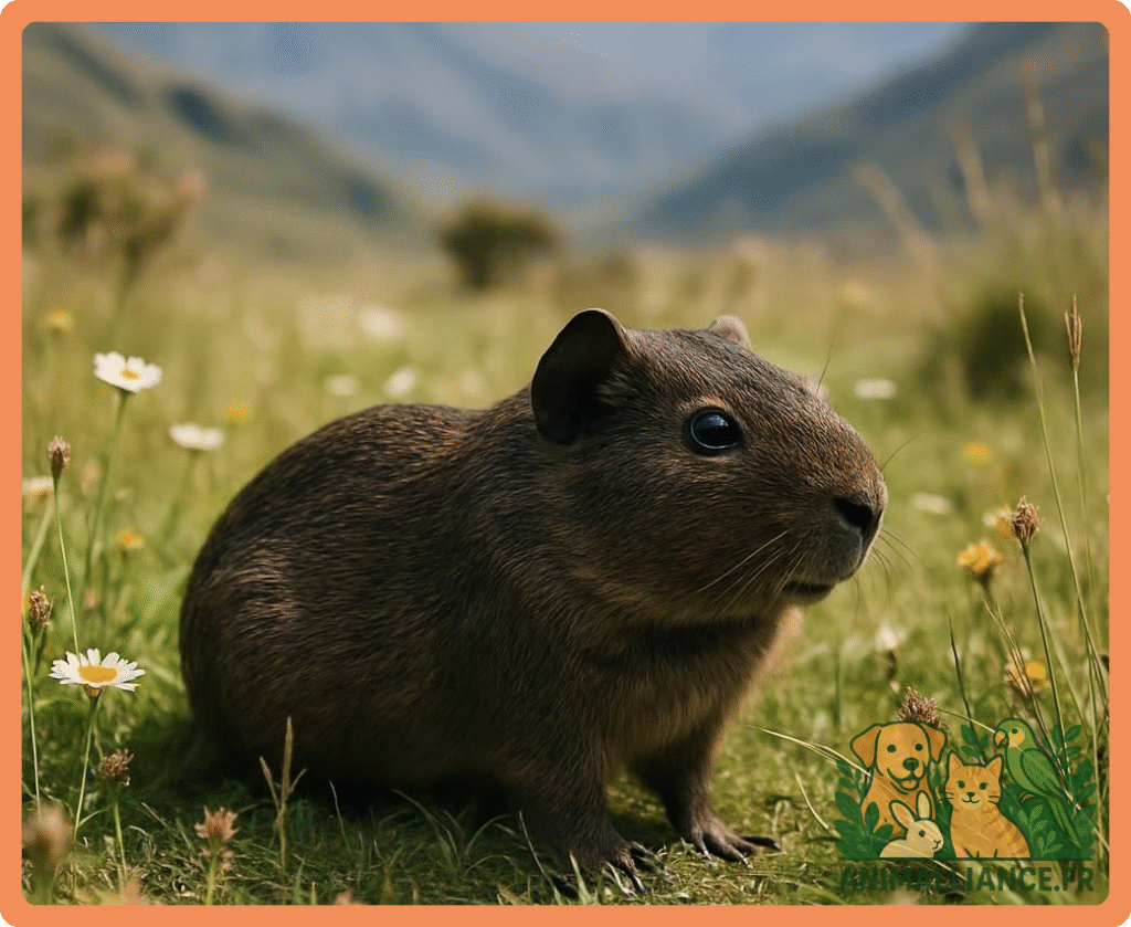 Un cochon d'Inde brun assis dans une prairie parsemée de fleurs sauvages au premier plan, avec des montagnes floues à l'arrière-plan.