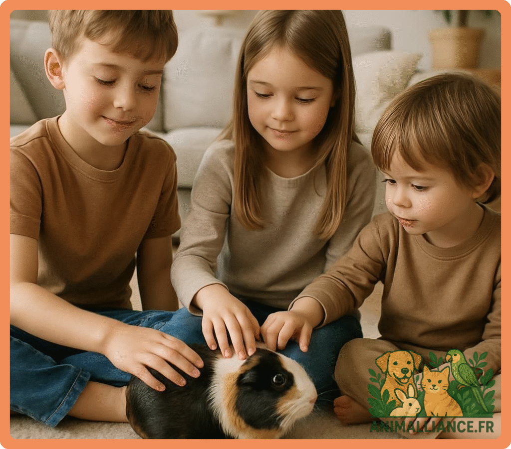 Trois enfants assis ensemble caressant un cochon d'Inde noir, blanc et roux dans un salon lumineux.