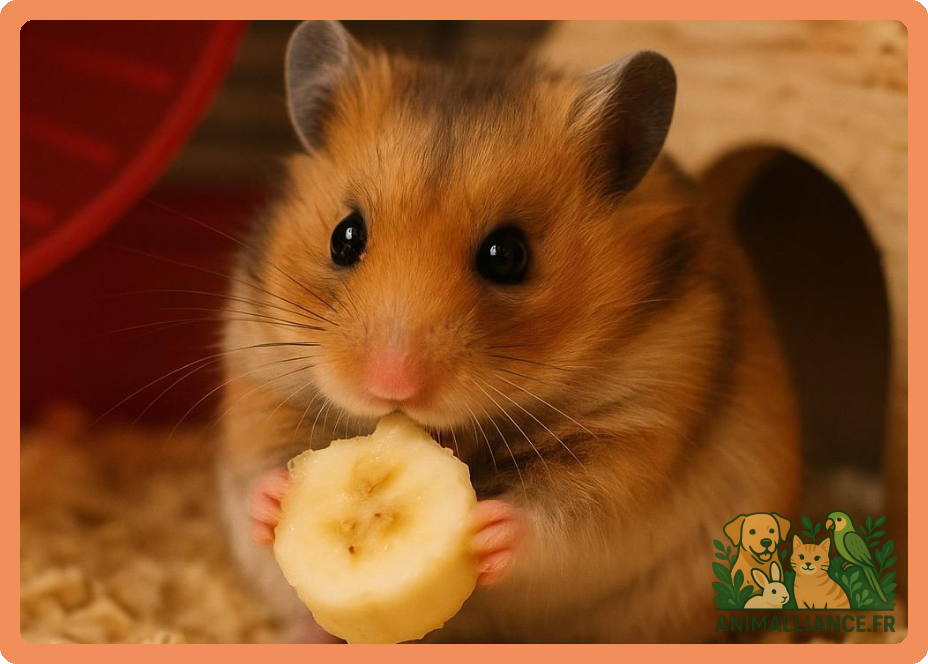Un hamster brun tient une tranche de banane dans ses pattes devant sa maison.