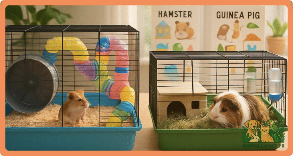 Un hamster et un cochon d'Inde dans deux cages séparées, chacune équipée d'accessoires adaptés.