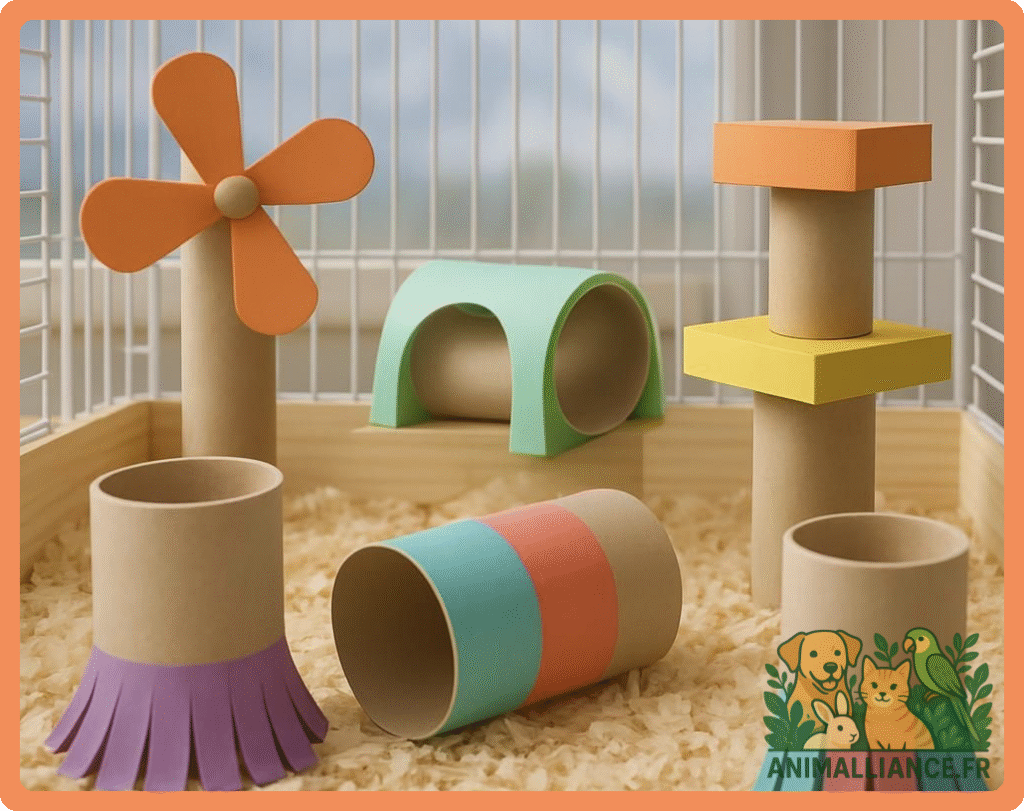 Cage pour rongeur avec divers jouets et structures fabriqués à partir de rouleaux de carton colorés.